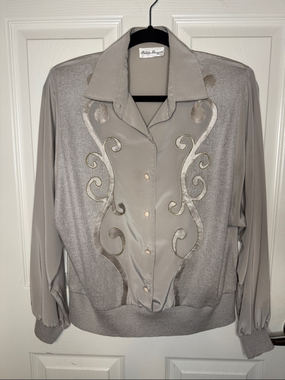 Vintage Gray Satin-Accent Button Front Blouse